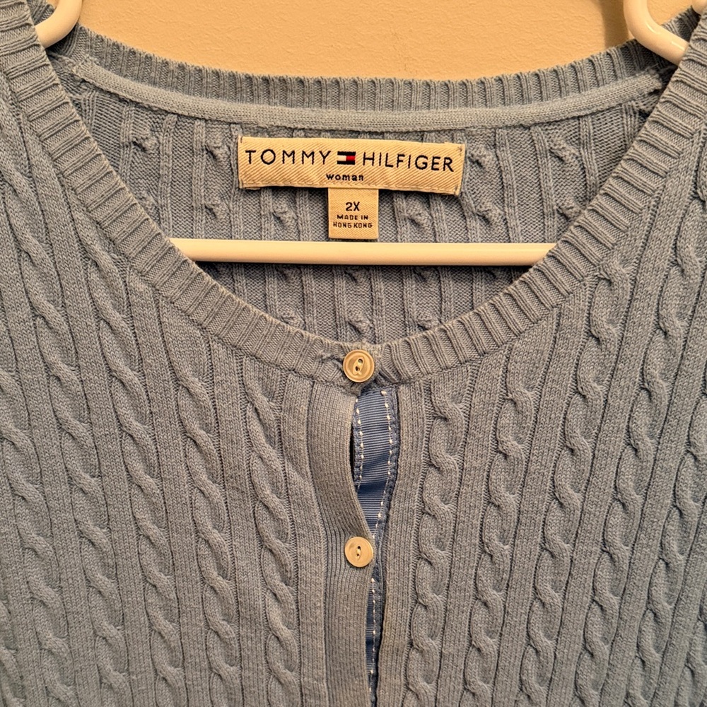 Tommy Hilfiger Sky Blue Cable-Knit Button-Front Cardigan. Size 2XL - Picture 2 of 5